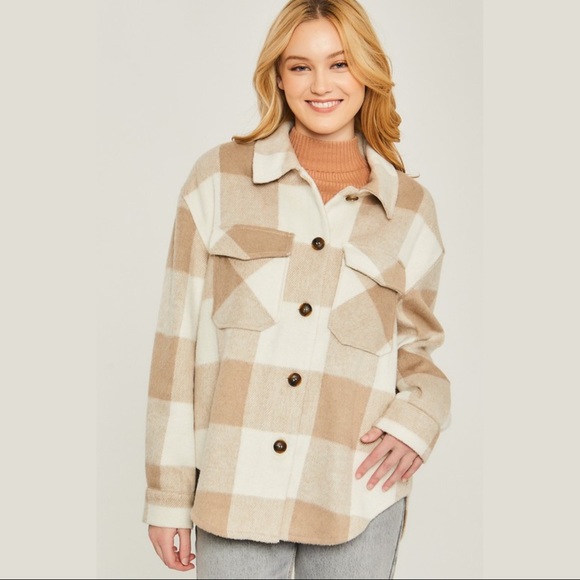 Boutique Tops - Light Beige Buffalo Plaid Brushed Shacket
